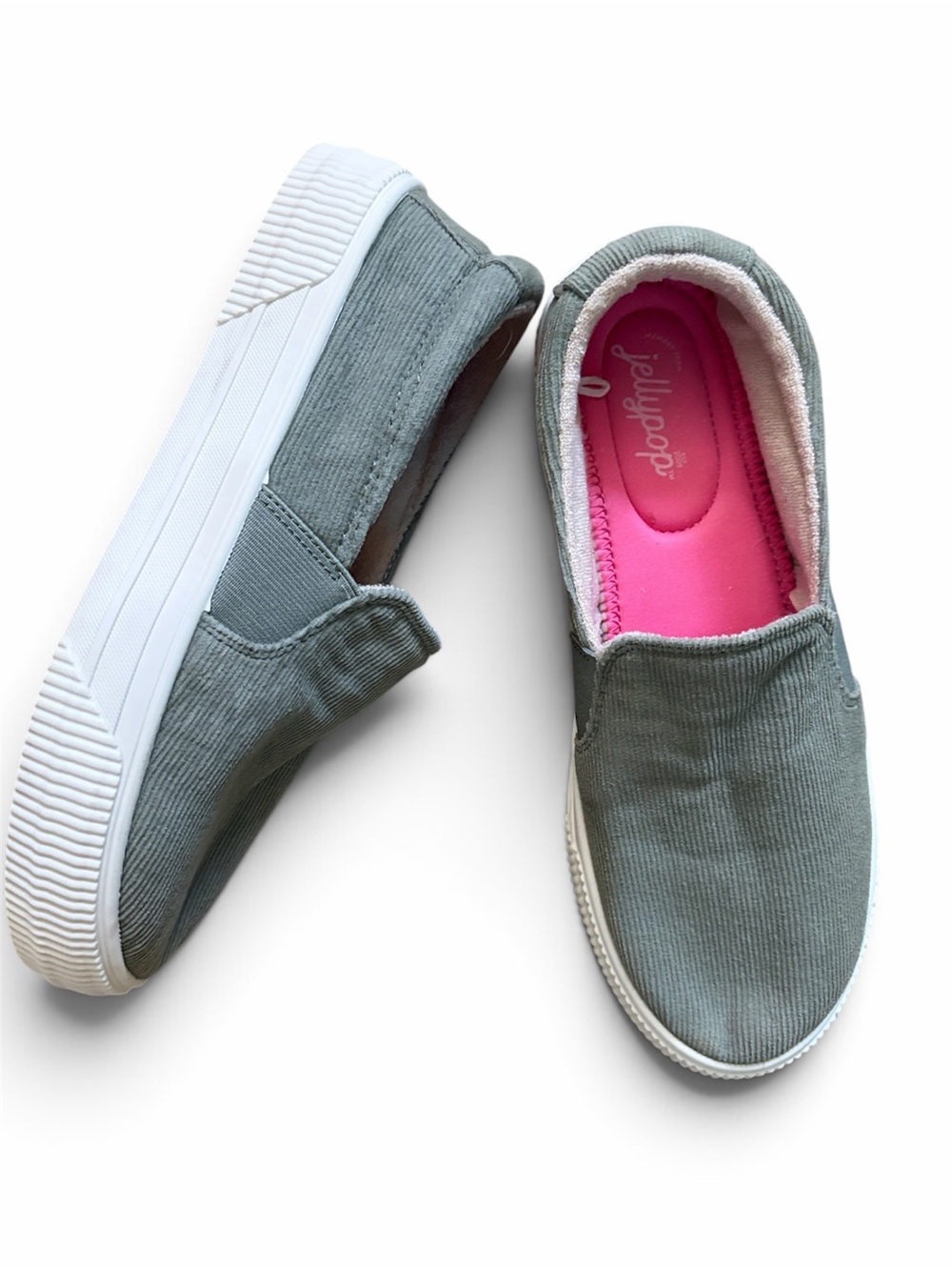 Jellypop Slip-On Corduroy Sneakers in Sage Green with Pink Insole